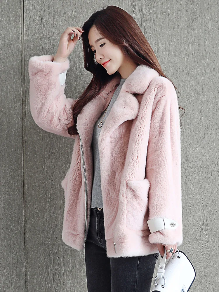winter new whole mink fur coat women's short fashion simple locomotive suit fur collar mink fur coat jacket