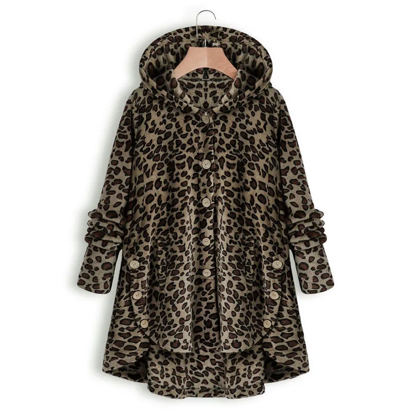 

S-5XL Plus Size Women's Jacket Coat Fall Winter New Warm Fleece Plush Hooded Jackets Coats Female Leopard Print Coat Outwear