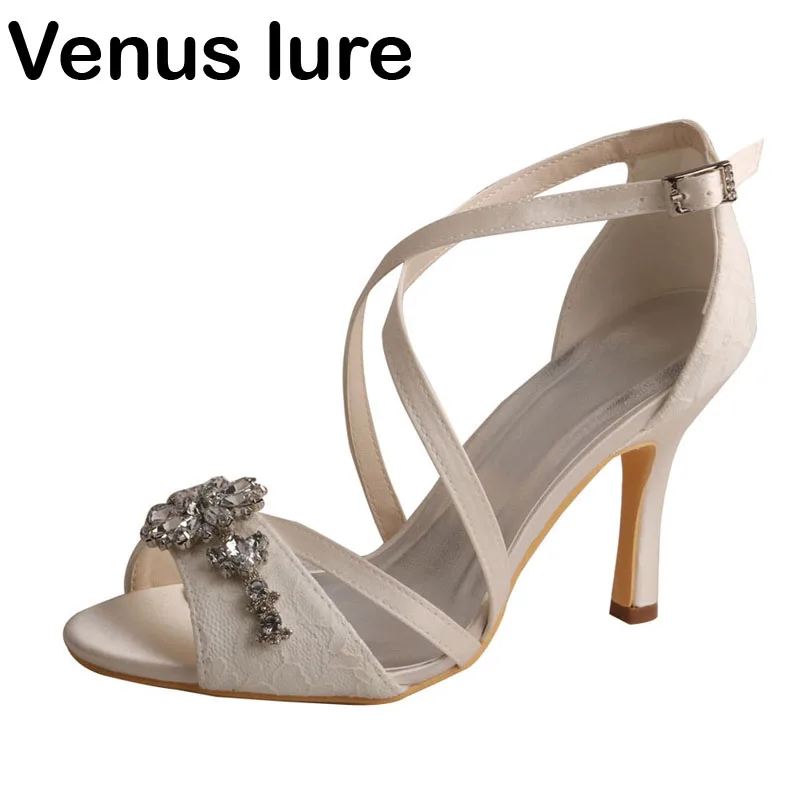 Brand Name Crystal Ivory Lace Strap Shoes Open Toe Wedding Shoes