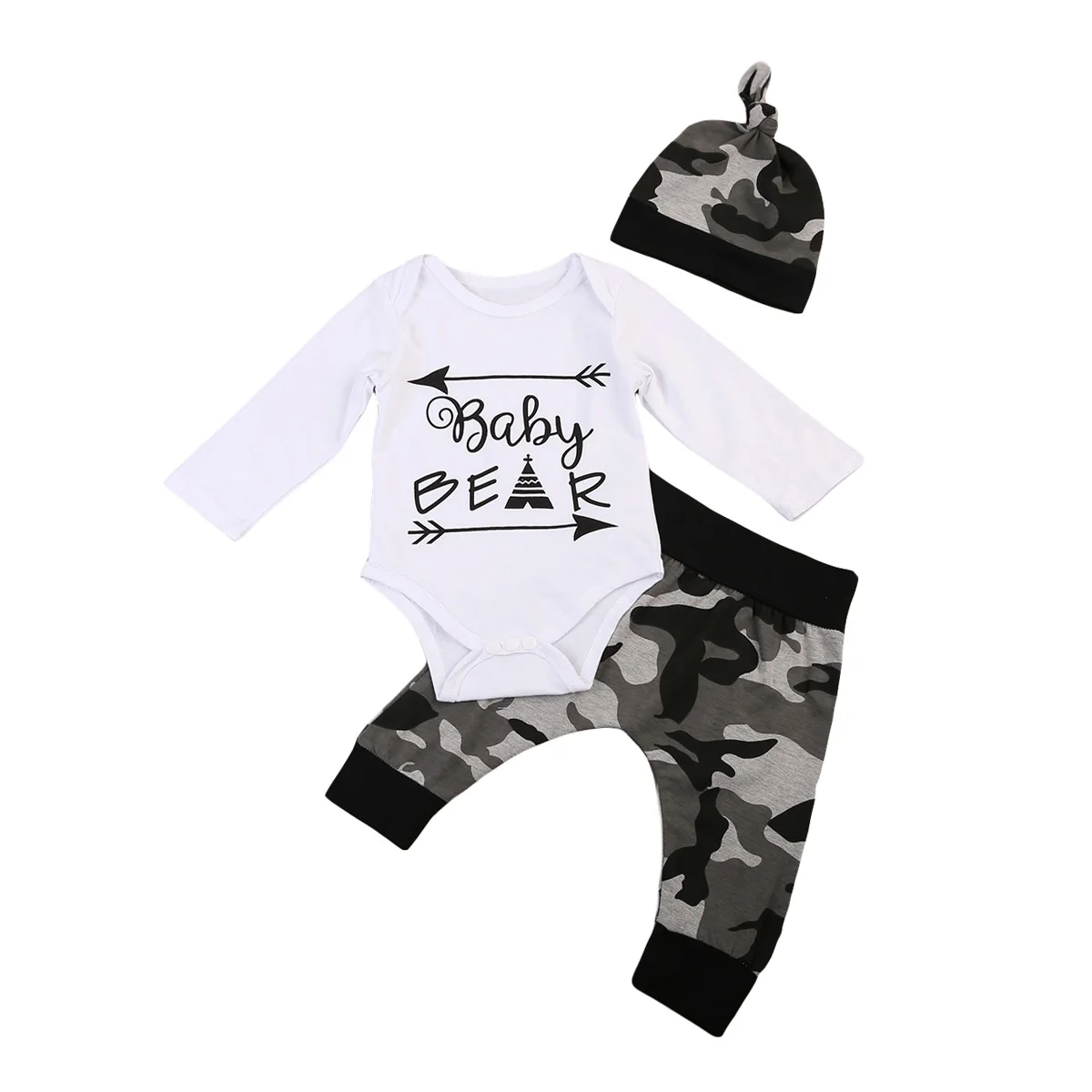 

Toddler Infant Newborn Kids Baby Boys Long Sleeve Bodysuit Camo Long Harem Pants Hat 3pcs Outfits Clothes 2019