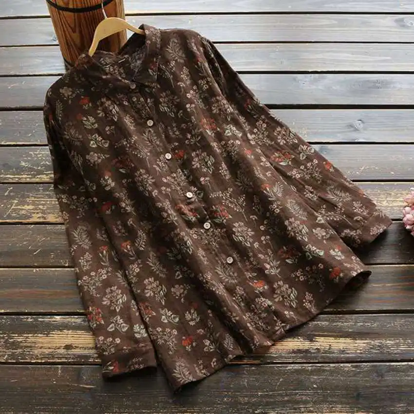 

Mferlier Autumn Winter Women Floral Blouses Cotton Shirt Turn Down Collar Long Sleeve Shirts Casual Female Loose Blouse Tops