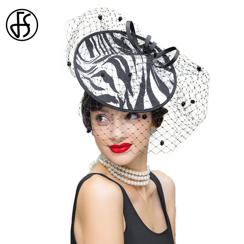 

FS Fascinator Black zebra Stripe Hats Ladies Weddings Dress Hat With Veil For Women Summer Elegant Party Church Caps