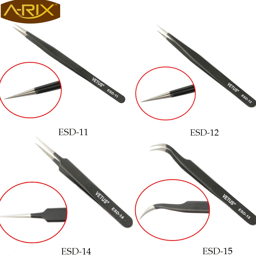

2pcs/lot Stainless EyelashTweezer Vetus ESD Tweezers Anti-Static tweezer ESD11/12/14/15 Straight and Curl Good Quality