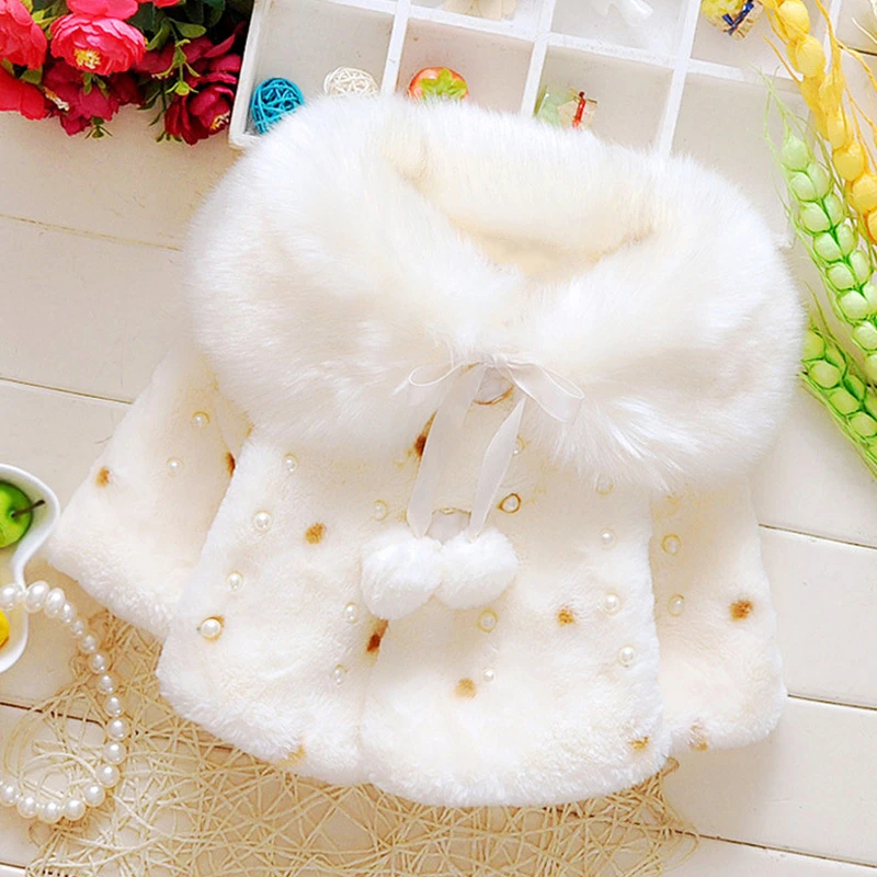 lovely Winter Baby Girls Fur Fleece Imitation Pearls Princess Outerwear warm Coat Lapel Collar Xmas Kids Infant Cloak Cape