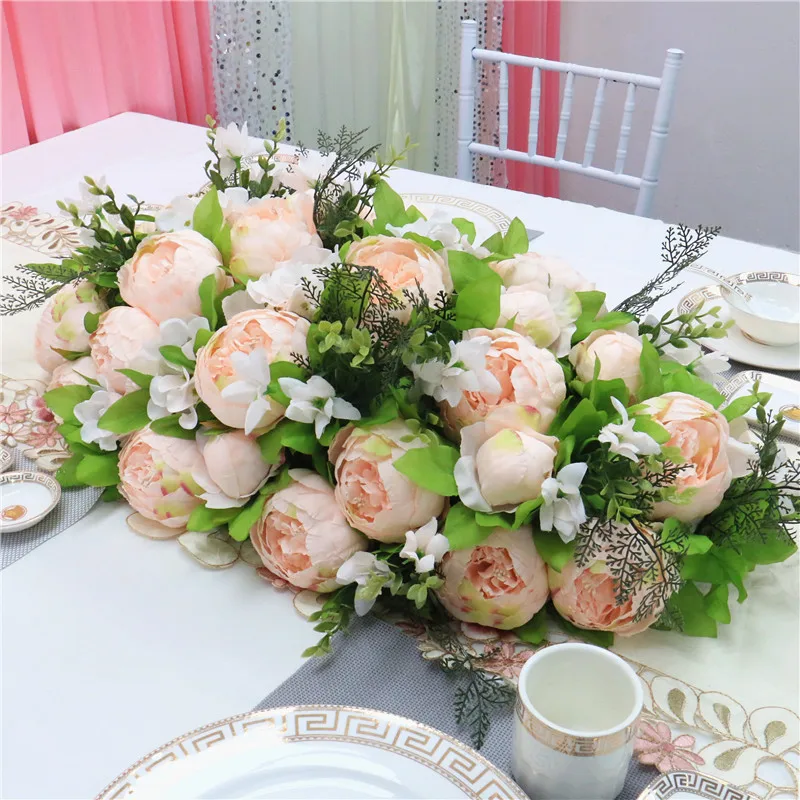 Custom luxury DIY wedding decor table flower runner artificial flower row arrangement table centerpieces rose peonies green leaf - Цвет: Light champagne