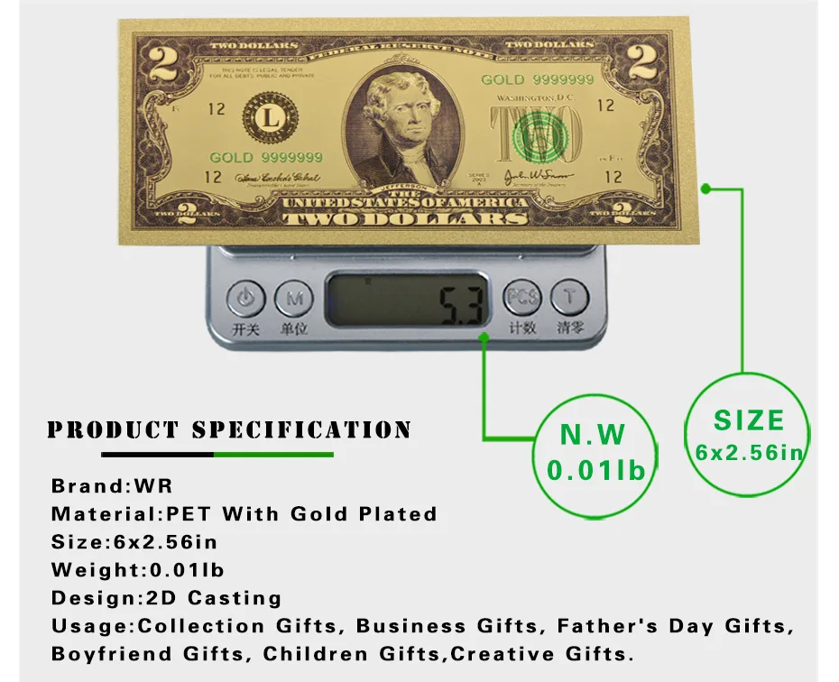 WR USD 2 Позолоченные банкноты домашний декор коллекционные красочные бумажные деньги США поддельные деньги качество золотые банкноты для коллекции