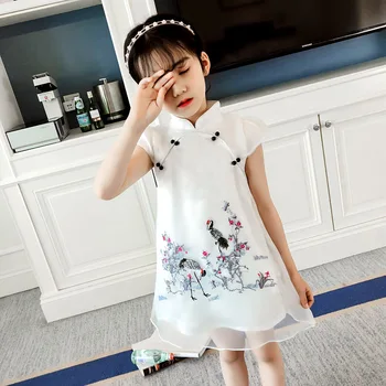 

2019 New Kids Dressses For Girls White Hanfu Sleeveless Dress Children Cheongsam Dress School Dance Hanfu Stage Costume BL1802