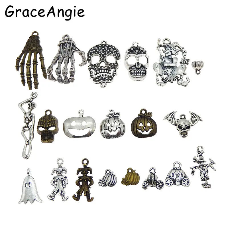 

20PCS Mix Charms Necklace Keychain Wholesale Bronze Silver Skull Spacer Beads Metal Pirate Skull Bead for Bracelet Jewelry Make