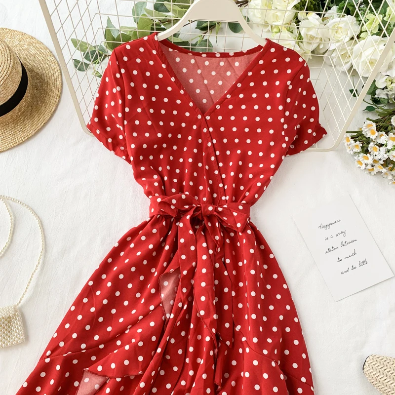 Vintage Polka Dot Print V Neck Ruffles Short Bandage Dress Chiffon Summer Party Women Casual High Waist Beach Dresses