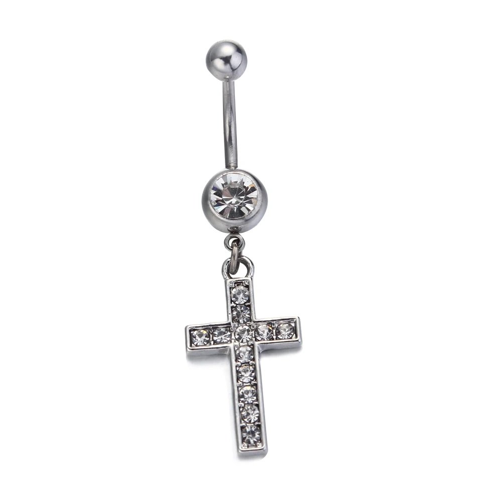 Fashion Christian belly button rings 316L Surgical Steel 14G Clear Rhinestone Cross Navel Belly
