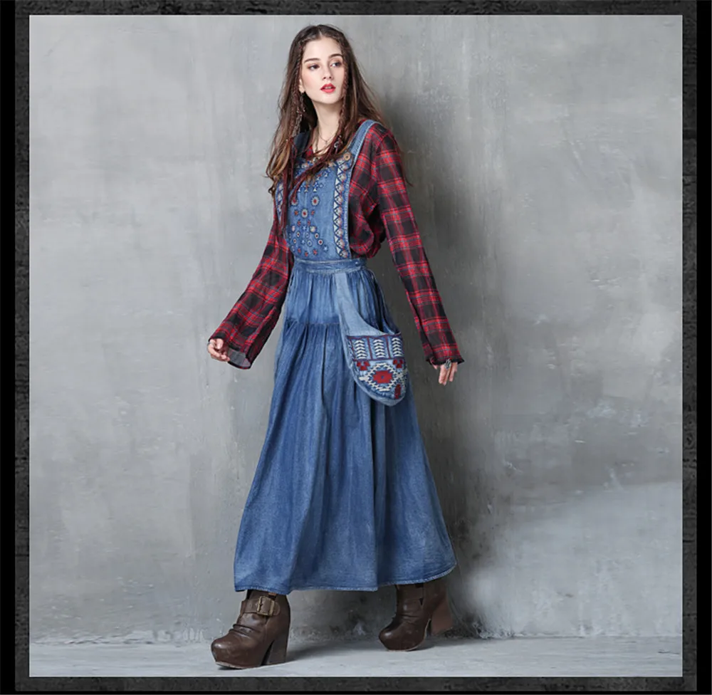 Vintage Autumn Dress Women 2017 Boho New Denim Vestidos Suspender Embroidery Patchwork Pocket Women long Dresses Vestido (12)