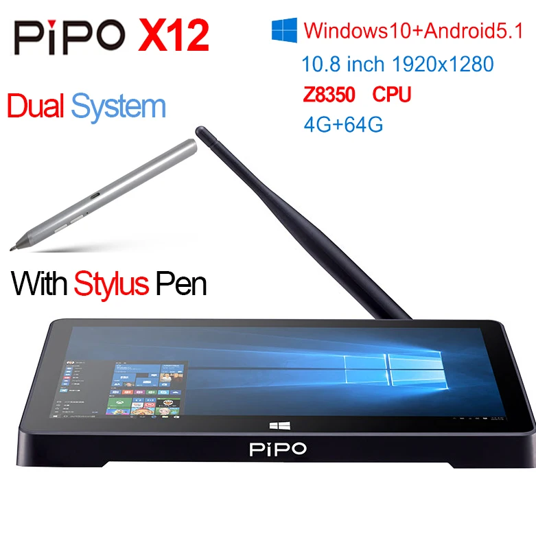 

Original 10.8" 1920*1280 PIPO X12 Dual OS Mini PC Android 5.1 Windows 10 TV Box Z8350 Quad Core 4G+64G 10000mAh With Stylus Pen