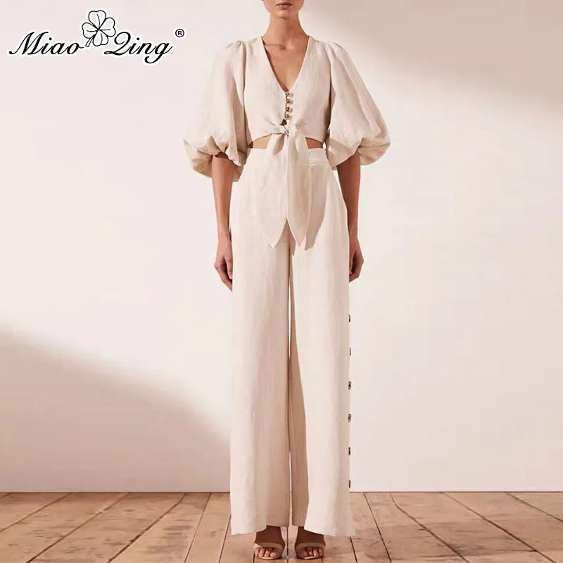 

MIAOQING Fashion casual two-piece women's v-neck bubble-sleeve half cut top high waist wide leg pants linen suit 2019