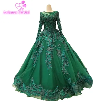 

2018 Green Tulle Long Sleeves Scoop Neck Evening Dress Floor-length Ball Gown Party Gown Empire Illusion Prom Dresses Real Photo