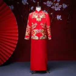 Мужской красный cheongsam тост костюмы Женихи платье куртка длинное Традиционный китайский стиль Свадебные Qipao для мужчин вышивка Тан костюм