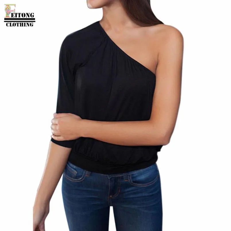 

FEITONG 2019 Women Black Oblique Collar Half Sleeve One Shoulder Shirt Chiffon Blusas Femininas Tops Elegant Ladies Blouse&35