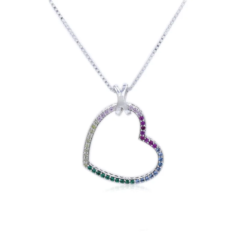 

Original 925 Sterling Silver Rainbow Heart With Adjustable Sliding Clasp Pan Necklace For Women Wedding Gift Jewelry