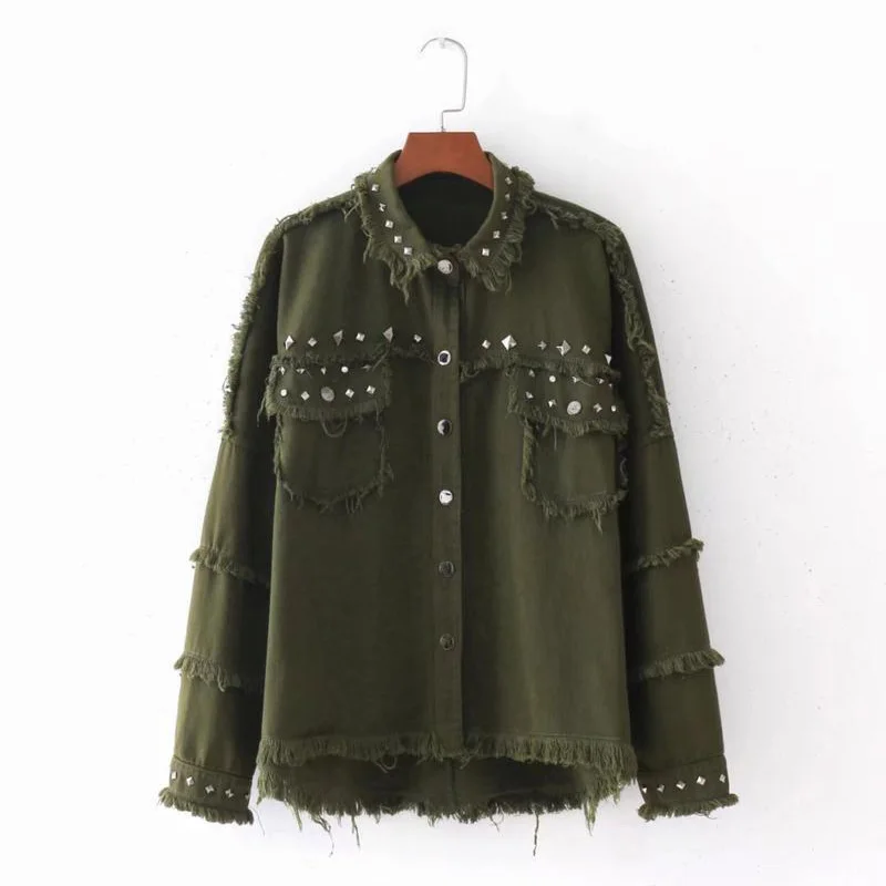 

Women Army Green Blue Denim Jacket Street Rivet Jeans Coat Casual Jacket