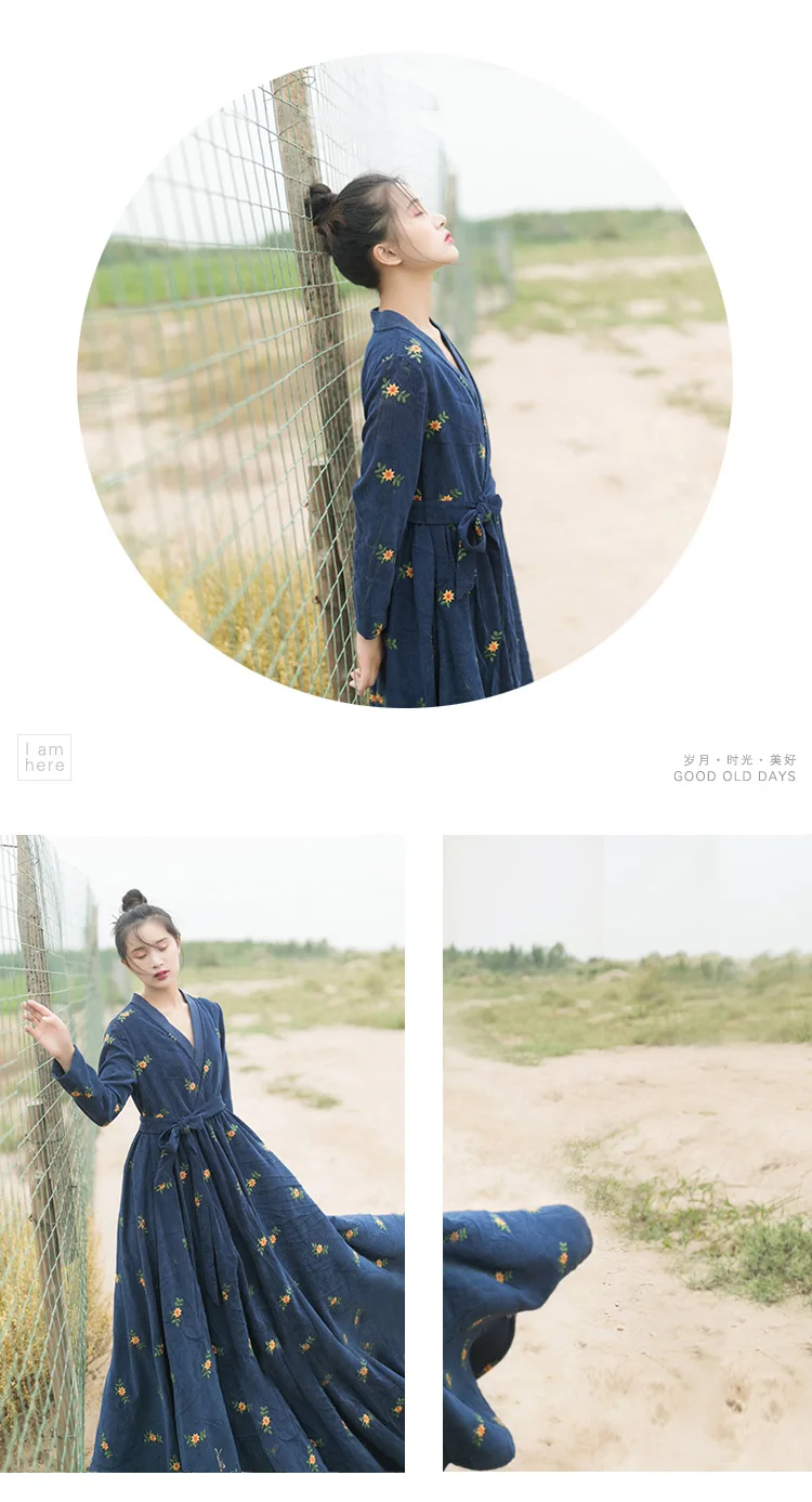 MM197 Новое поступление осень, винтажное вельветовое платье макси в китайском стиле с v-образным вырезом и поясом, длинным рукавом и большим низом