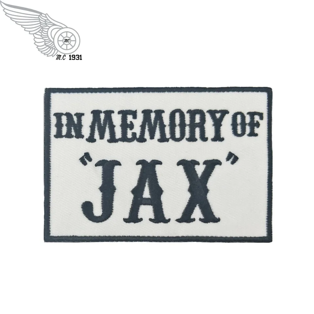 In Memory of JAX Biker Vest Rider Embroidered Iron On Back of Jacket Patch White twill fabric Free Shipping DIY Eco-Friendly(3)