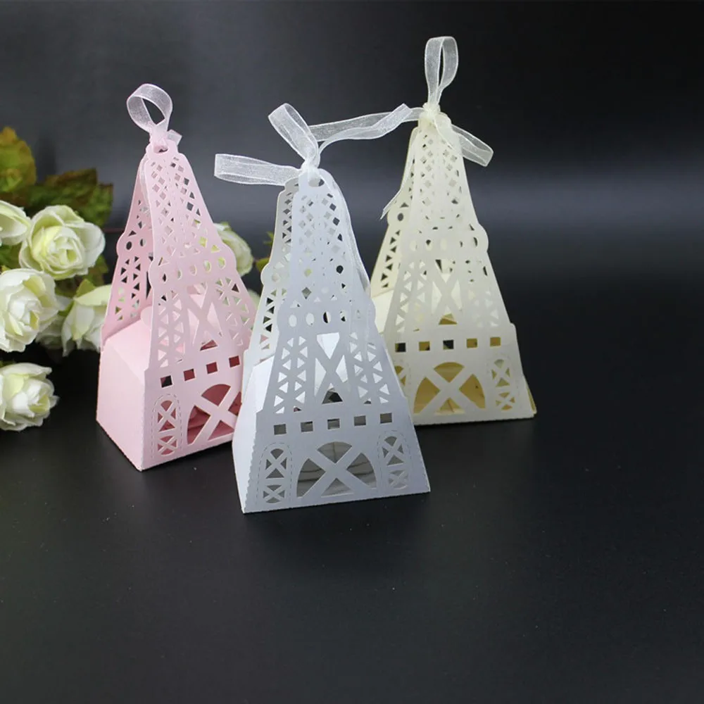 

24 Hollow Eiffel Tower Candy Gift Boxes With Ribbon Wedding Party Favor Creative Favor Bags Baby shower Sweet Boxes