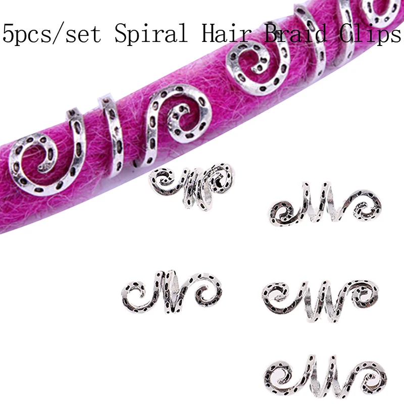 

5pcs Silver Viking Spiral Hair Braid Dread Beard Dreadlock Beads Rings Tube Clips For Hair Accessories Charms