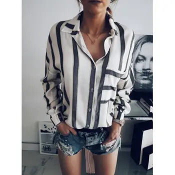 

Fashion Women Blouse Pocket Striped Loose Autumn Long Sleeve Casual Button Down Shirt Blouse Tops
