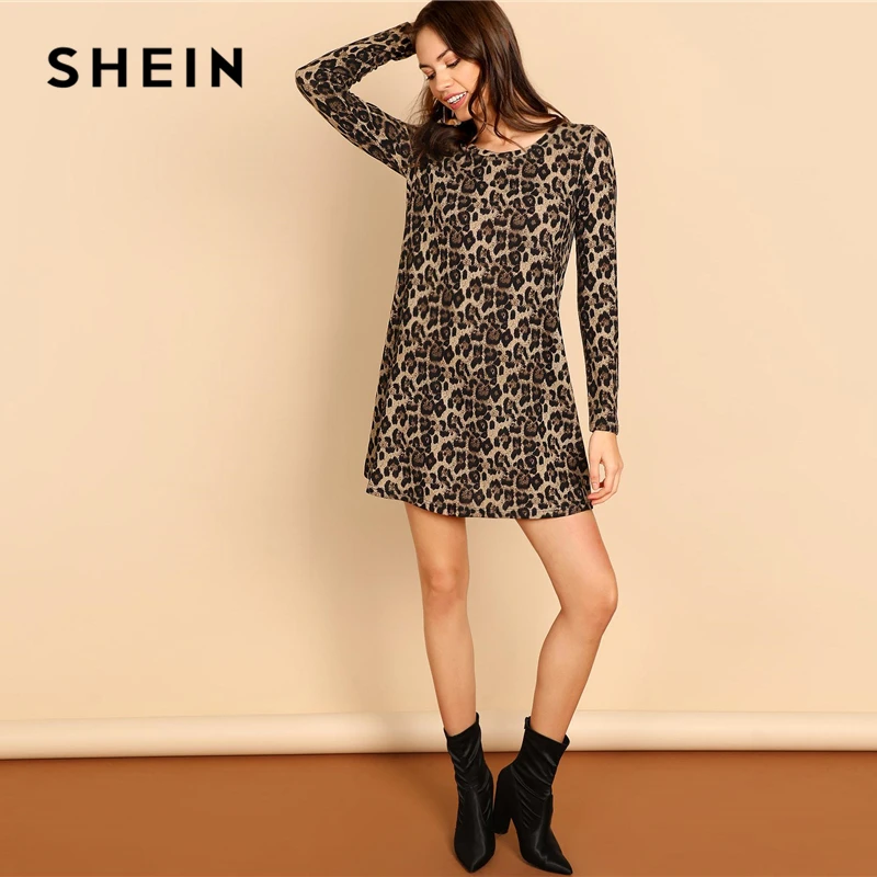 SHEIN Повседневное Платье С Леопардовым Принтом Длинным Рукавом И Круглым