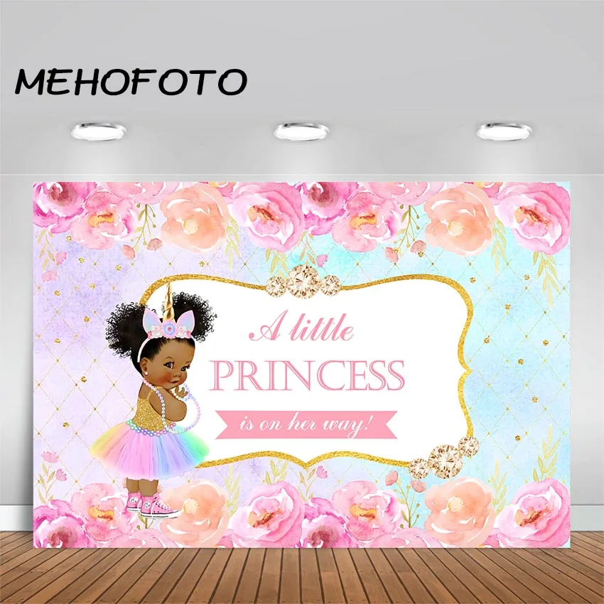 

MEHOFOTO Princess Baby Shower Backdrop African American Girl Rainbow Watercolor Flower Party Banner Photography Background