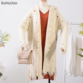 

KoHuiJoo Women Cashmere Cardigan Sweater Plus Size Loose Hollow Out Hooded Open Stitch Knitting Long Coat Ladies Fashion Clothes