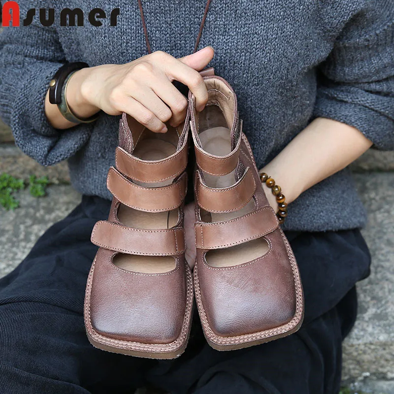 

Asumer 2020 new genuine leather shoes square toe casual ladies shoes comfortable Restoring ancient ways women flats shoes
