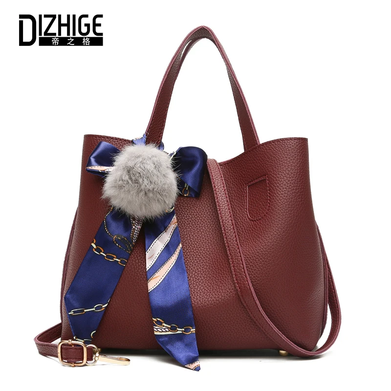 

DIZHIGE Brand 2PC/Set Fashion PU Leather Women Bag High Quality Crossbody Bags For Women Large Capacity Scarves Fur Shoulder Bag