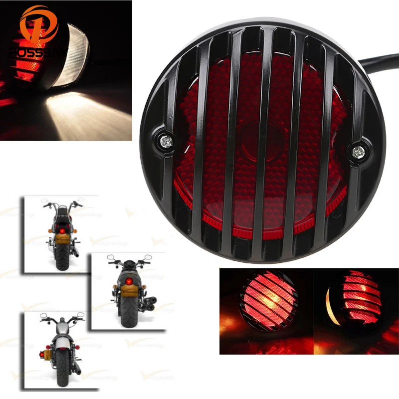 

POSSBAY Black Grill Round Motorcycle Tail Brake Light License Plate for Harley Bobber Chopper Street Bob Motorbike Rear Light