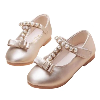 

New 2019 Kids Baby Flowers Children Princess Leather Toddler Shoes For Little Girl Gold Beaded Dance Wedding Party Dress Shoes