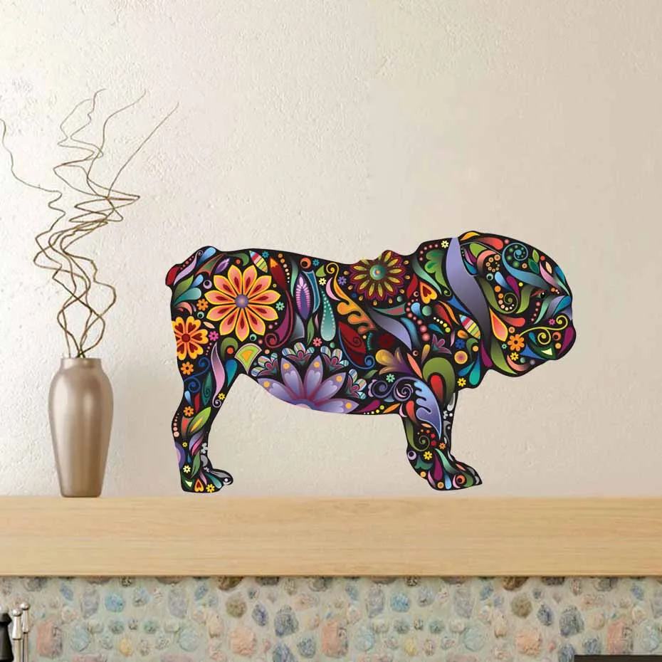 

English Bulldog Dog Wall Sticker Colorful Floral Animals Decals Decorative Art For Living Room Modern Murals Waterpaper