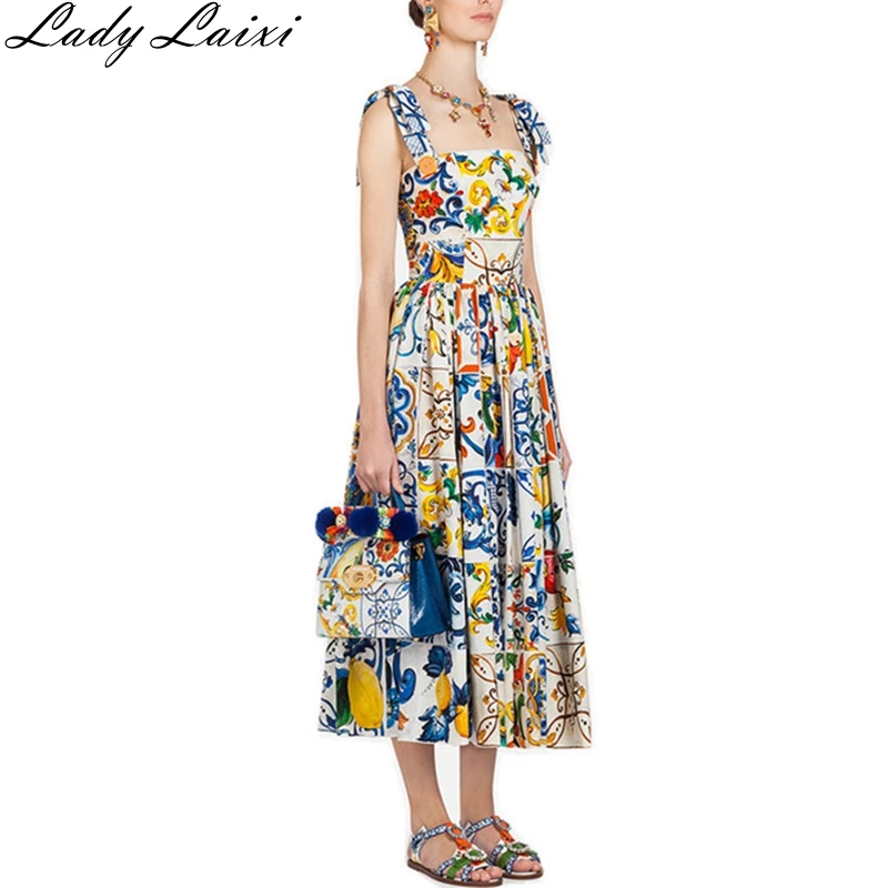 

Fashion Runway Custom Summer Dress Women's High Quality Painted Pottery Printed Bow Spaghetti Strap Party Dress