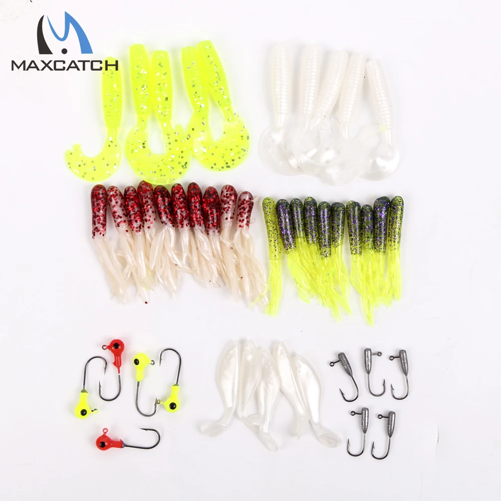 Maximumcatch 35 pcs Worm Soft Fishing Lures & 10 Lead Head Jig Hooks