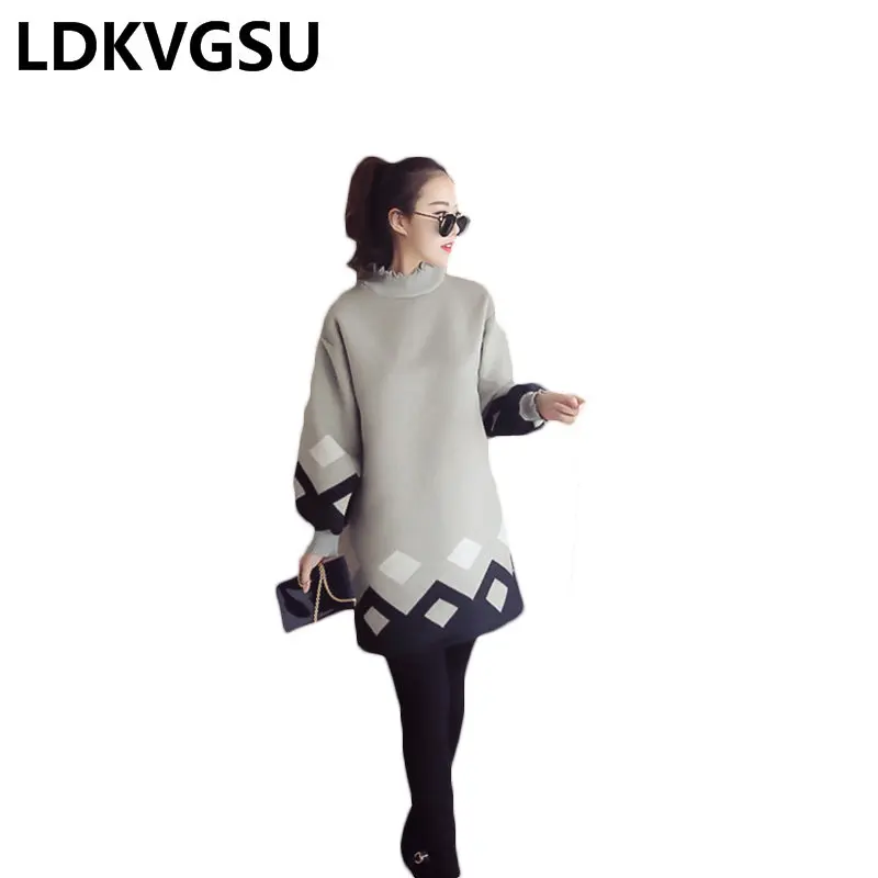 

2019 Spring Winter New Loose Thicken Women's Woolen Dress Gray Khaki Long Sleeve Female Large Size Turtleneck Dress Is1402