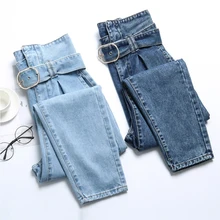 Джинсы с высокой талией, женские синие повседневные шаровары, джинсовые брюки,, весенние винтажные женские штаны бойфренда, Calca Feminina