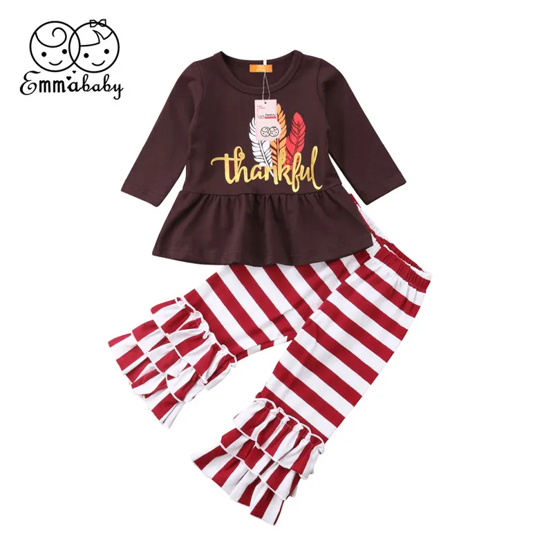 

Toddler Kid Baby Girl Thanksgiving Clothes Set Long Sleeve Printed Dress Tops+Stripe Ruffle Pants Spring Autumn Outfit Clothes