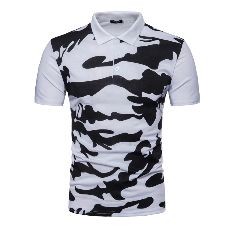 

Summer Men Short Sleeve Polo Shirt Cotton Breathable Military Print Slim Contrast Color Button Turndown Collar Men Polo Shirts