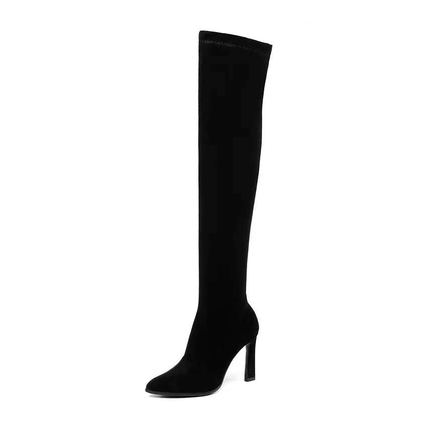 Женские сапоги выше колена с острым носком QUTAA, черные ботфорты на платформе, с острым носком, на высоком каблуке, зимние высокие сапоги, размеры 34–43 - Цвет: Черный