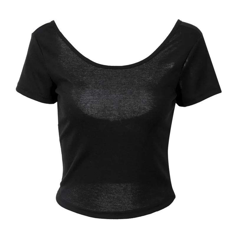 Модная женская сексуальная черная футболка с открытой спиной, блузка в стиле панк, женские топы с коротким рукавом, Женская Повседневная однотонная черная белая рубашка для йоги - Цвет: Черный