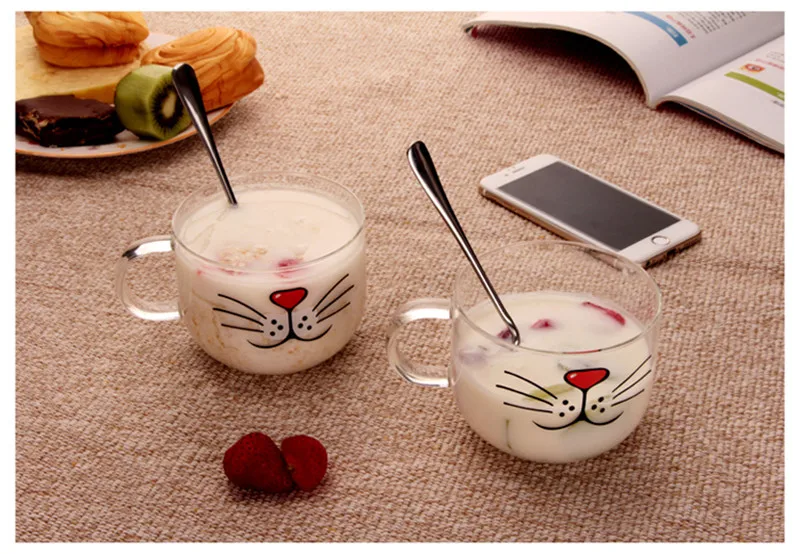 Hot sales 500ml Transparent Kawaii Glass Cup Cute Mug Cat Beard Pattern Beer Glass Funny Glass Tea Milk Water Cup Coffee Mug19