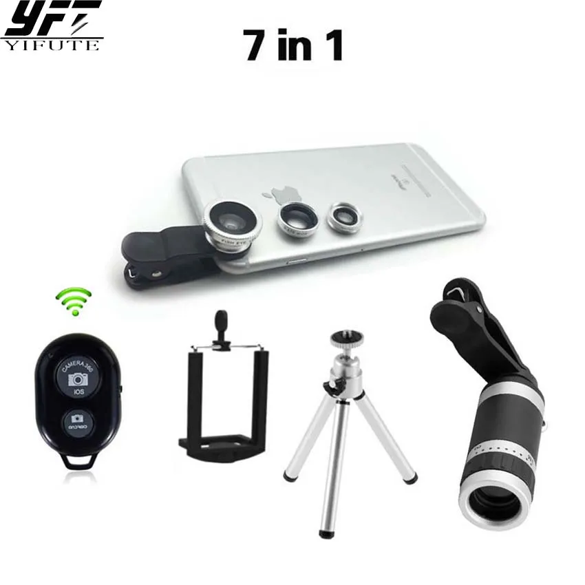 

YFT Universal Smart Phone Camera lens For iPhone 8X Zoom Telephoto Lens 3in1 Fisheye Lens Wide Angle Macro Lens Tripod Bluetooth