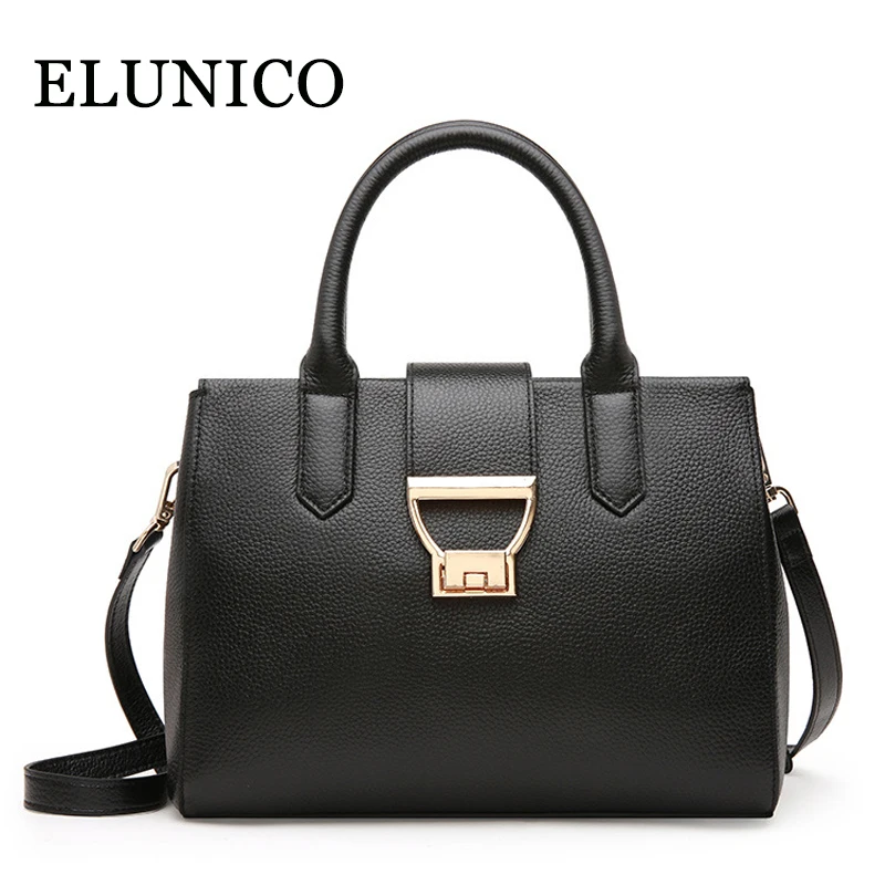 

ELUNICO 2018 New Genuine Leather Women Handbag European and American Fashion Lady Cowhide Lock Messenger Shoulder Bag Sac A Main