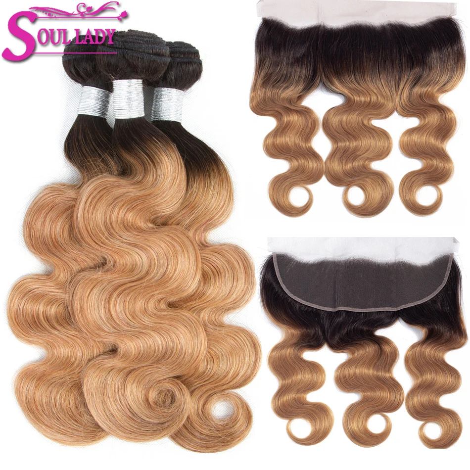 

SoulLady Ombre Bundles with Frontal Brazilian Body Wave Remy Colored Human Hair Bundles Blonde Lace Frontal Closure With Bundles