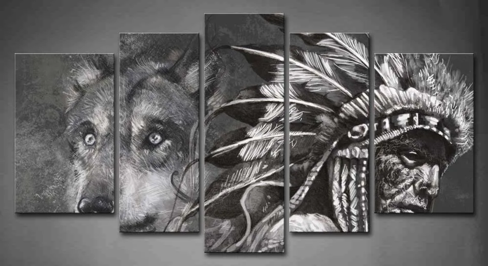 

5 Pics Framed Wall Art Picture Wolf Indians Canvas Print Artwork Animal Modern Posters With Wooden Frames For Room Decor
