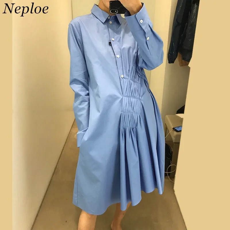 

Neploe Irregular Solid Pleated Vestido Autumn Single Breasted Knee-Length Dresses Long Sleeve Turn-down Collar Women Dress 68533
