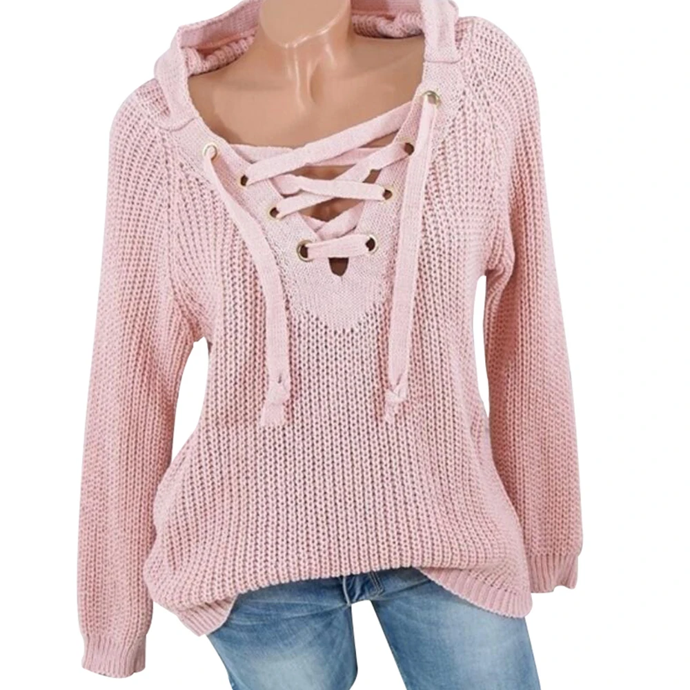 MoneRffi, новинка, однотонный винтажный женский свитер, сексуальный бандаж, v-образный вырез, пуловер, Повседневный, вязанный, Pull Femme, зимний джемпер, свободный, длинный, Blusa - Цвет: pink